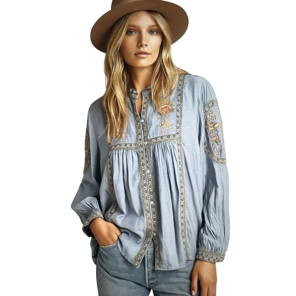 Haute Rogue Embroidered peasant style prairie core coconut core bohemian shirt
